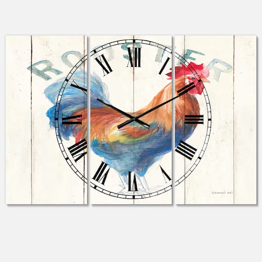 Designart Farm Rooster Farmhouse 3 Panel Wall Clock
